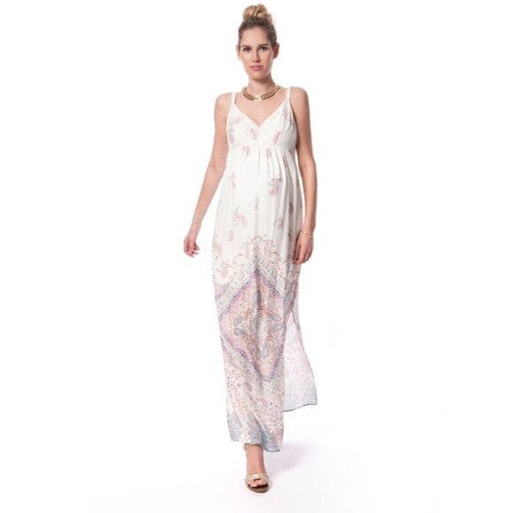 Seraphine Maternity Maxi Dress UK 12/US 8 White Pink Paisley Print Sleeveless - Picture 1 of 5